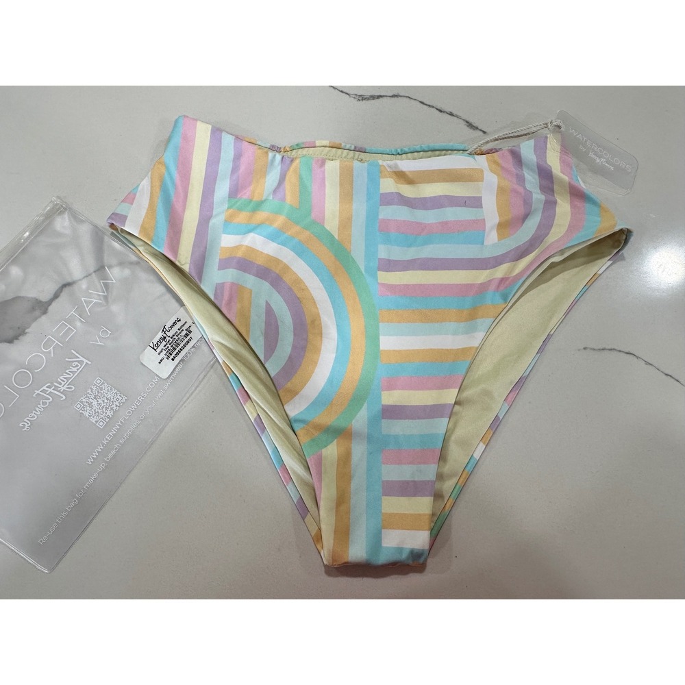 Watercolors by Kenny Flowers Positano High Waisted Bikini Bottom Pastel Stripe L
